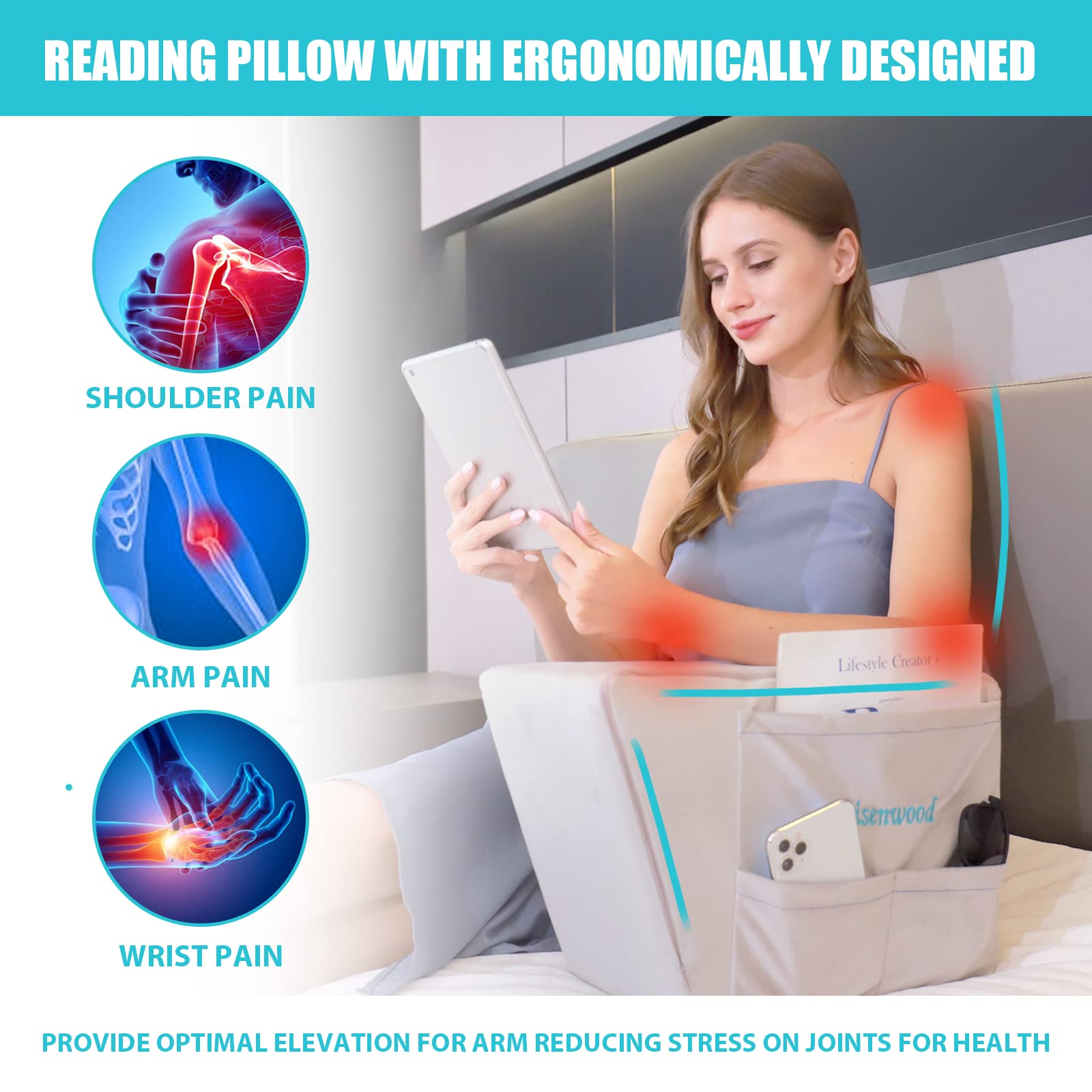 Lisenwood Foam Bed Wedge Pillow, Adult Reading Pillow & Sit Up Pillows for Bed, Arm Support Pillow for Sitting Up in Bed/Couch, Angled Bed Pillow for Relaxing, Gaming, Reading, Watching TV Gray