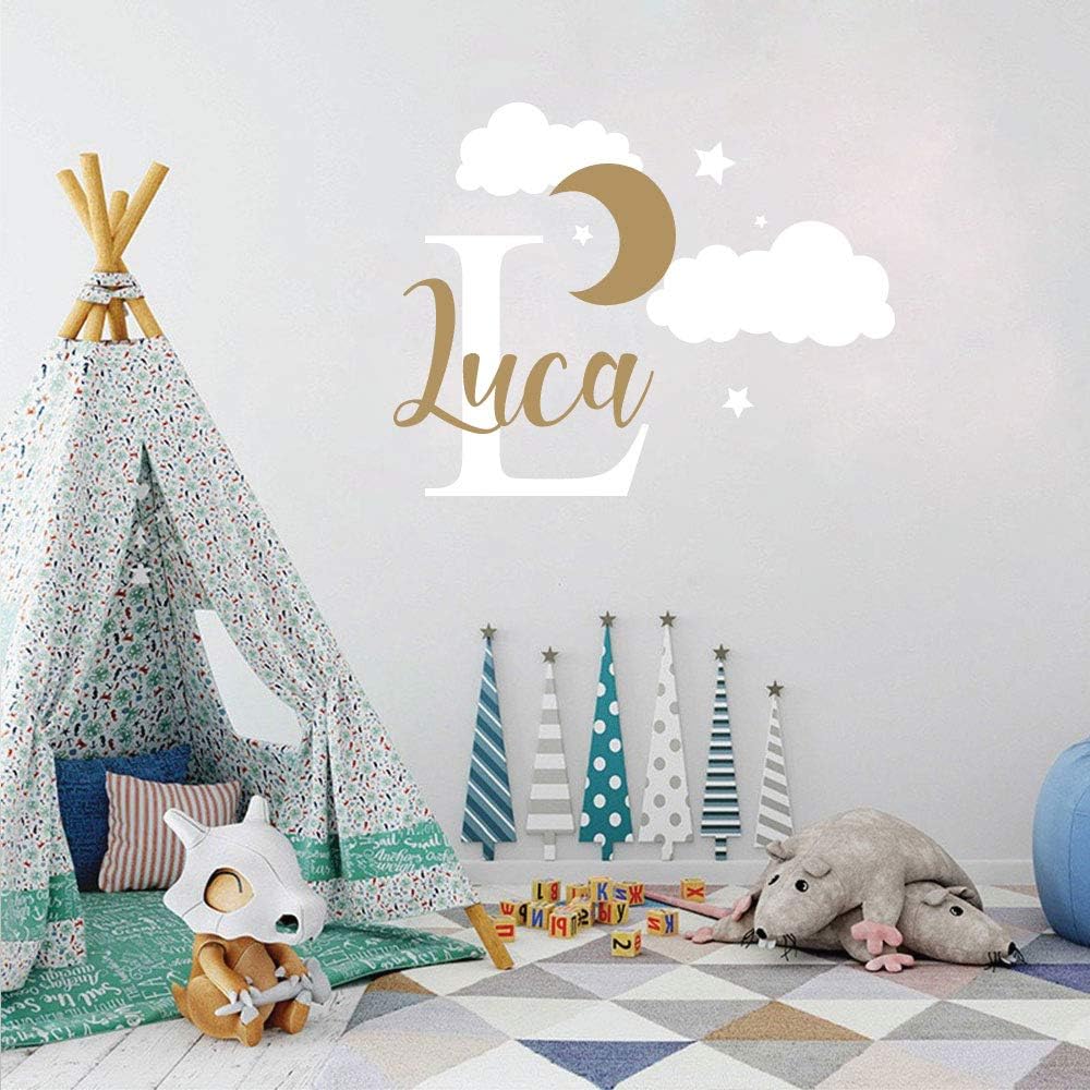 Custom Name & Initial, Moon Cloud Star, Nursery Wall Decal for Baby Room Decoration, Wall Mural Stickers, Baby Boy, Baby Girl Decal, Kids Room Wall Decor, Multiple Fonts Vinyl Decal 32" x 24"