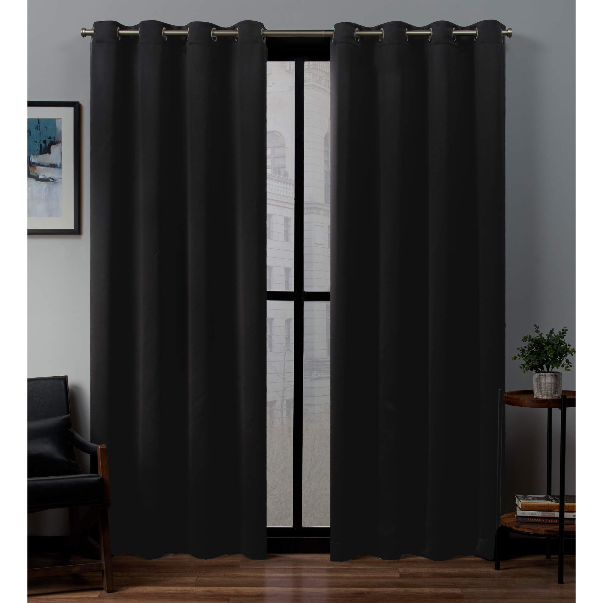 Exclusive Home Curtains Sateen Woven Blackout Grommet Top Panel Pair, Black, 52x84, 2 Piece