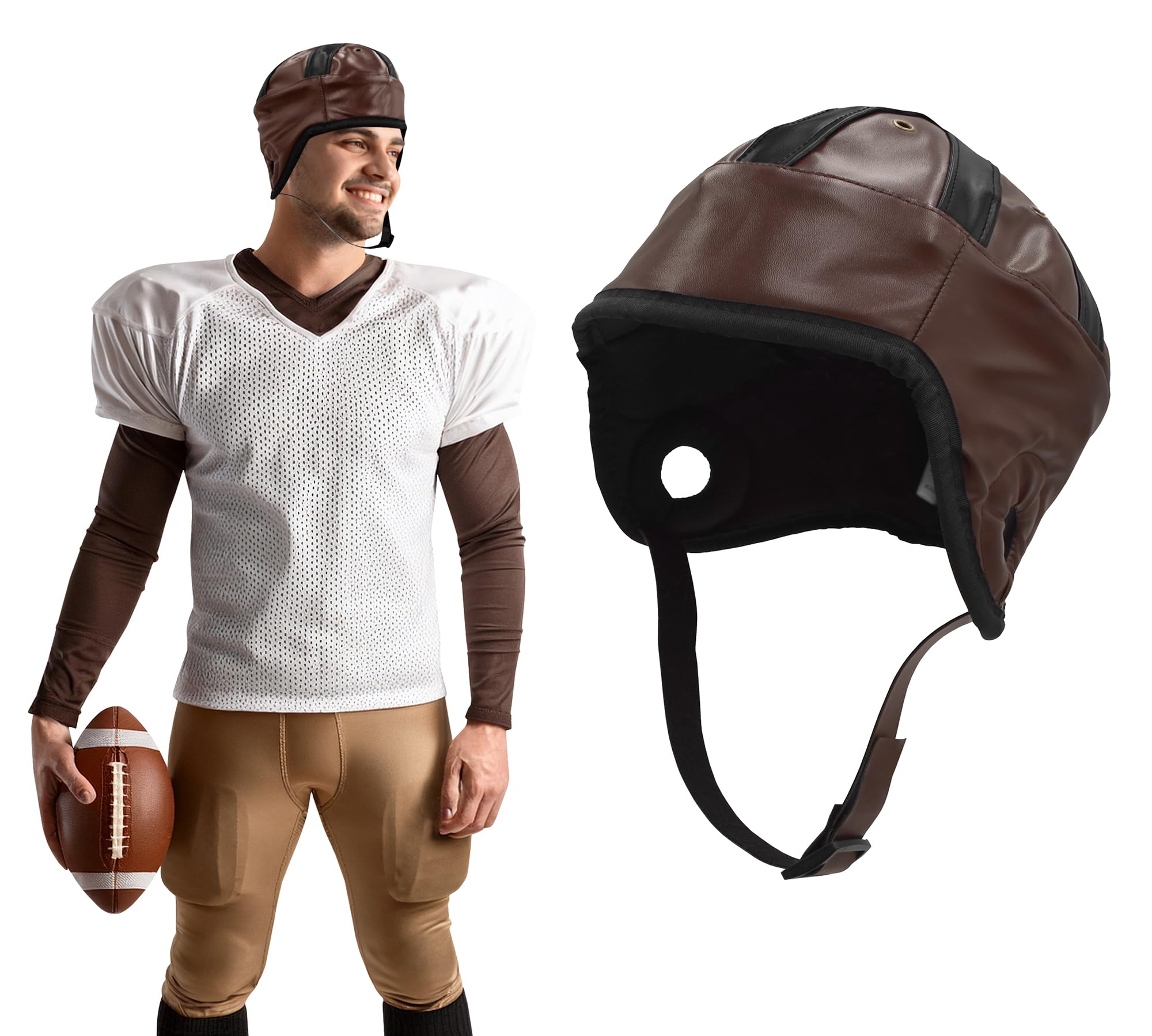 Photo 1 of Vintage Brown Retro Football Helmet Classic Faux Leather Old-Time Style Helmet for Costume Tailgating Movie Props & Themed Parties Adult One-Size Fits Most 1920s-Inspired Headgear