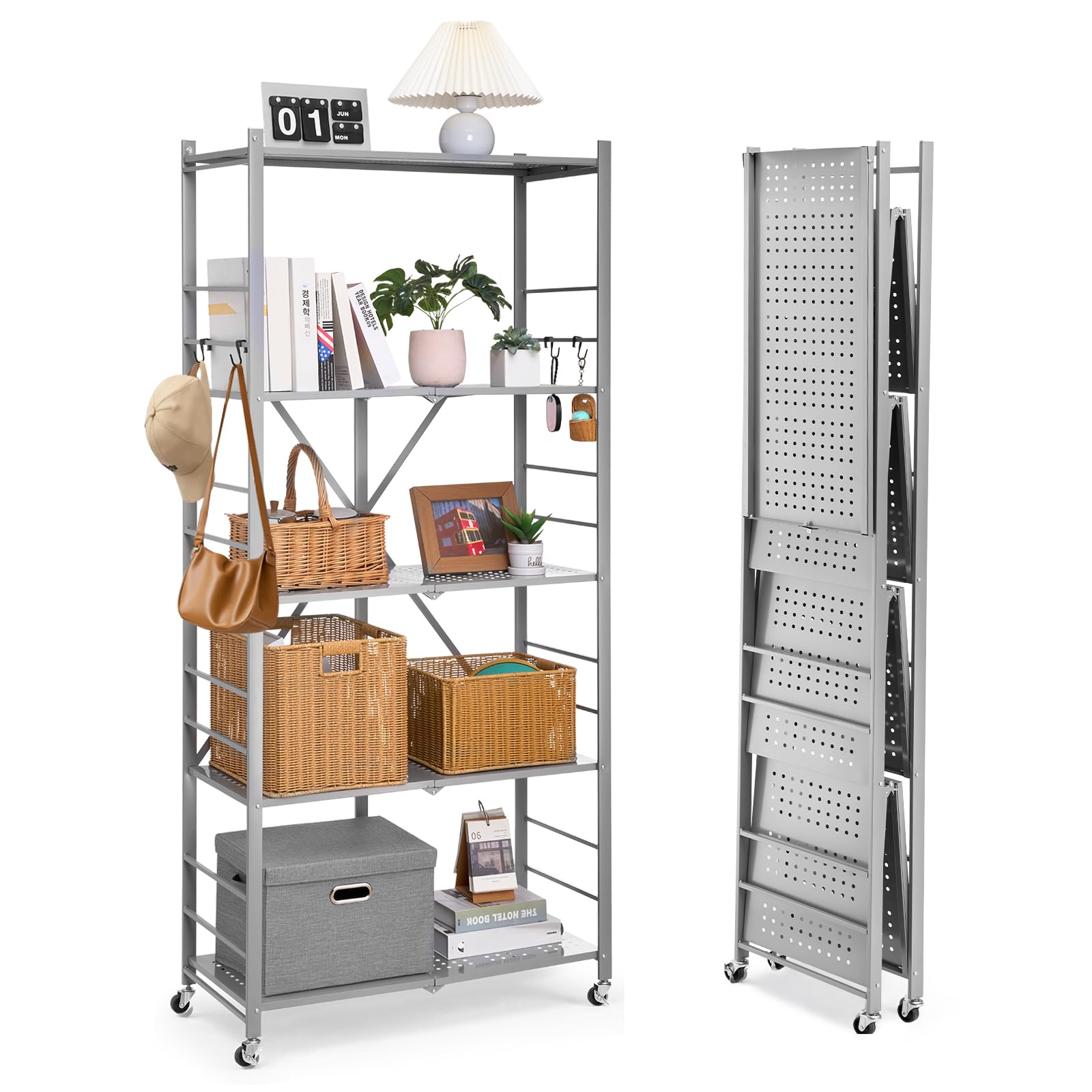 Photo 1 of ****STOCK PHOTO REFERENCE ONLY ****VEVOR 5-Tier Foldable Storage Shelf, 32W x 14D x 72H Inch Folding Metal Rack Shelving Unit, Heavy Duty No Assembly Organizer Shelf with 5 Wheels & 4 Hooks for Pantry, Kitchen, Garage, Basement, Grey
