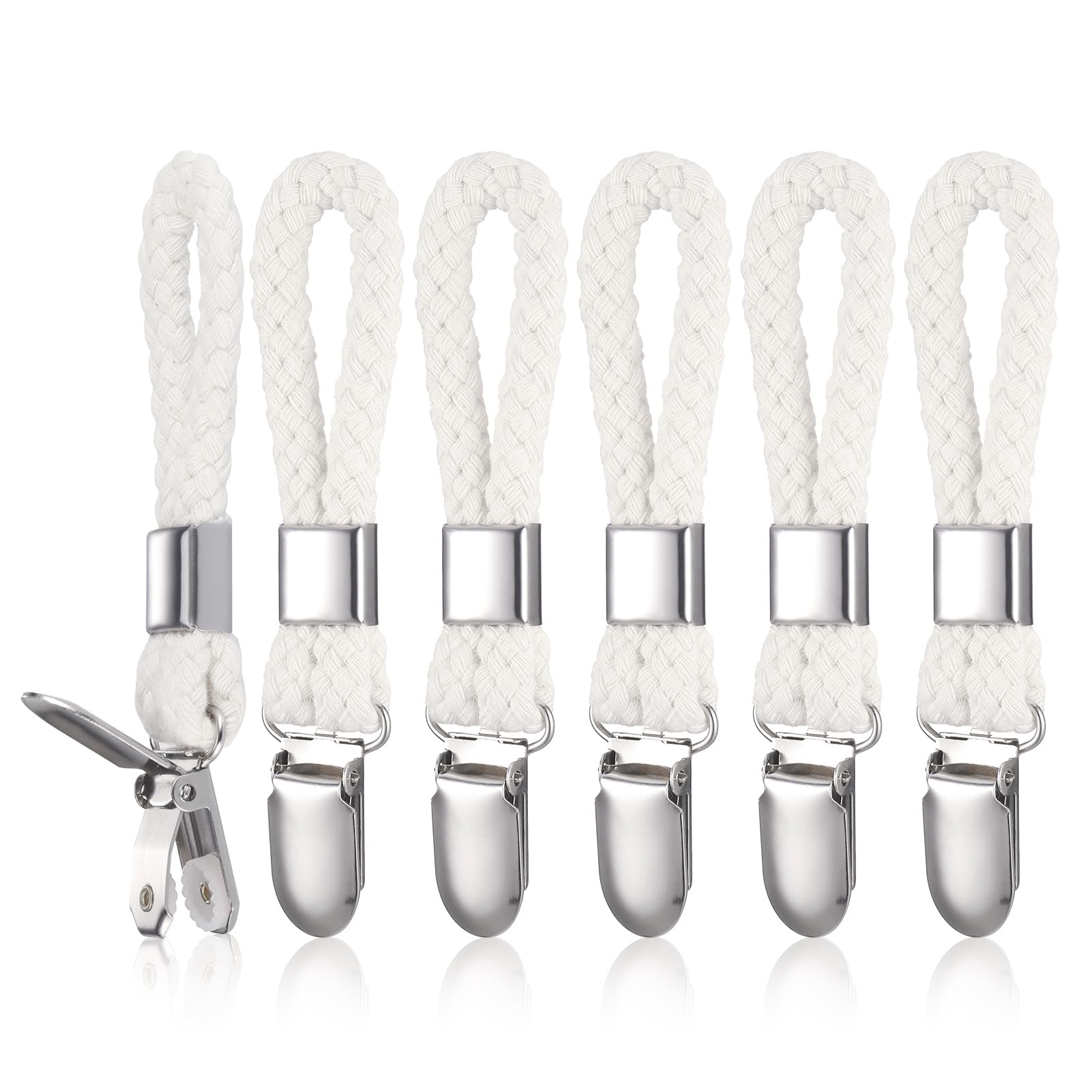 6 pcs Towel Clips, Metal Tea Towel Hooks with Woven Cotton, Sturdy Hanging Clips Tea Towel Holders, Storage Clips for Hanging Clothes, Tea Towel/Beach Towel Clip Hooks for Kitchen Bathroom (White)