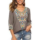 LauraKlein Women's Boho Embroidered Peasant Tops 3/4 Sleeve V Neck Mexican Bohemian Shirts Tunics Blouses