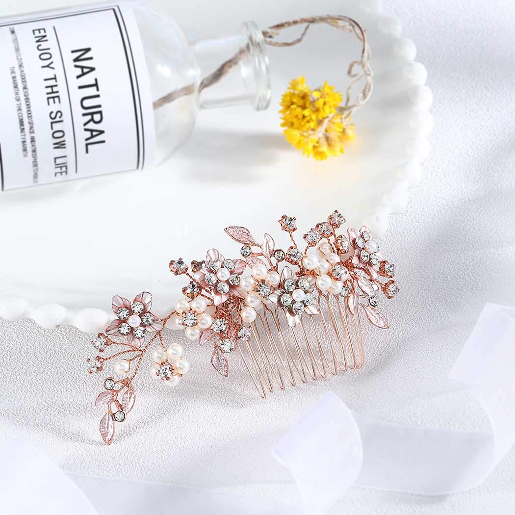 Fstrend Bridal Wedding Hair Comb Gold Rhinestone Flower Bride Hair Side Combs Clips Pearl Leaf Hair Accessories for Women and Girls (rose gold) : Beauty