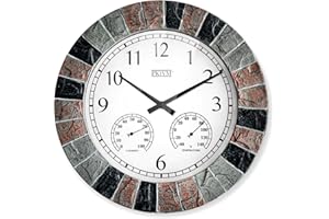 14 inch Indoor/ Outdoor Faux Slate Waterproof Wall Clock with Thermometer and Hygrometer, Battery Operated Round Clock. Decor