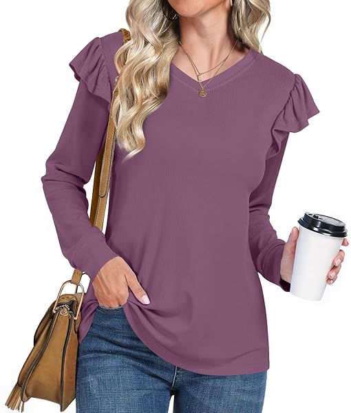 ADDTOO WOMEN’S FALL TUNIC TOPS CASUAL RUFFLE SLEEVE TSHIRT PURPLE V NECK BLOUSE M