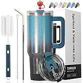 40 oz Shiny Tumbler with Handle and Straw,Stainless Steel Tumbler with Lid and Straw,Insulated Travel Mug(Cold for 34 Hours),Water Bottle for Iced Tea,Coffee (Black Blue)