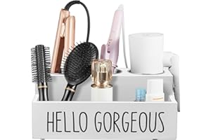 Bivvclaz Hair Tool Organizer, Wooden Hair Dryer Holder Countertop, Wall Mount Hot Tools Organizer for Hair Styling Accessories, Bathroom Supplies Vanity Caddy for Curling Wand, Blow Dryer, White