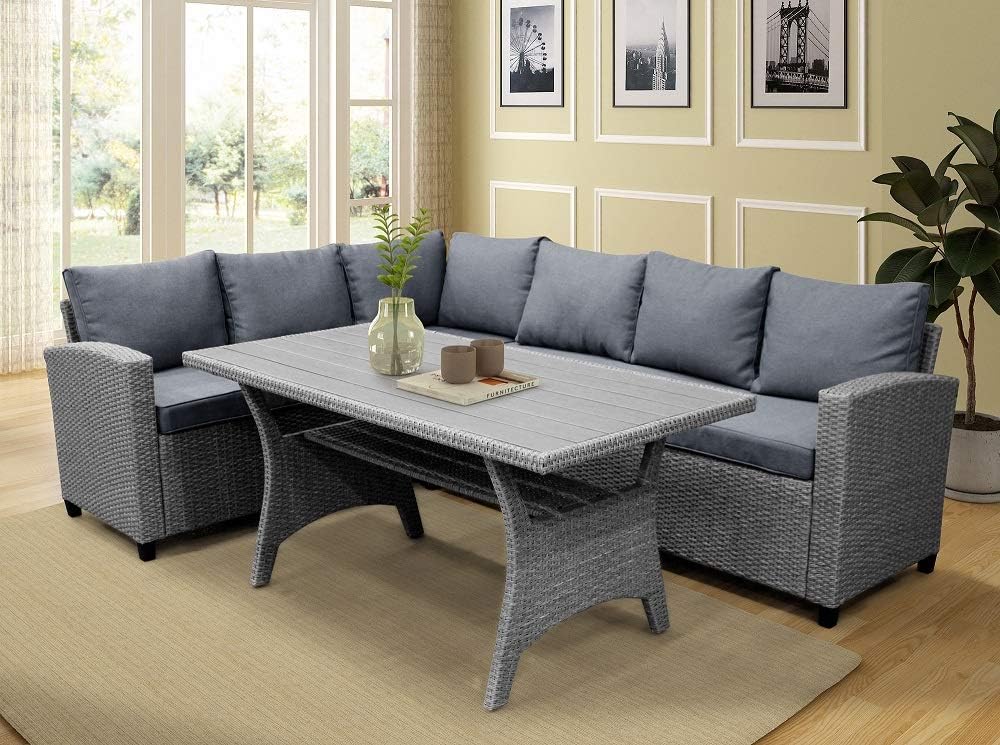 HCTT SHOW Patio Dining Table Set Outdoor Furniture PE Rattan Wicker Conversation Set All-Weather Sectional Sofa Set with Table & Soft Cushions (Brown（Gray) for Living Room,Outdoor Platform (Gray): Garden & Outdoor