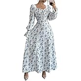 Floerns Women's Boho Floral Long Bell Sleeve Milkmaid Dress Smocked A Line Vacation Maxi Dresses