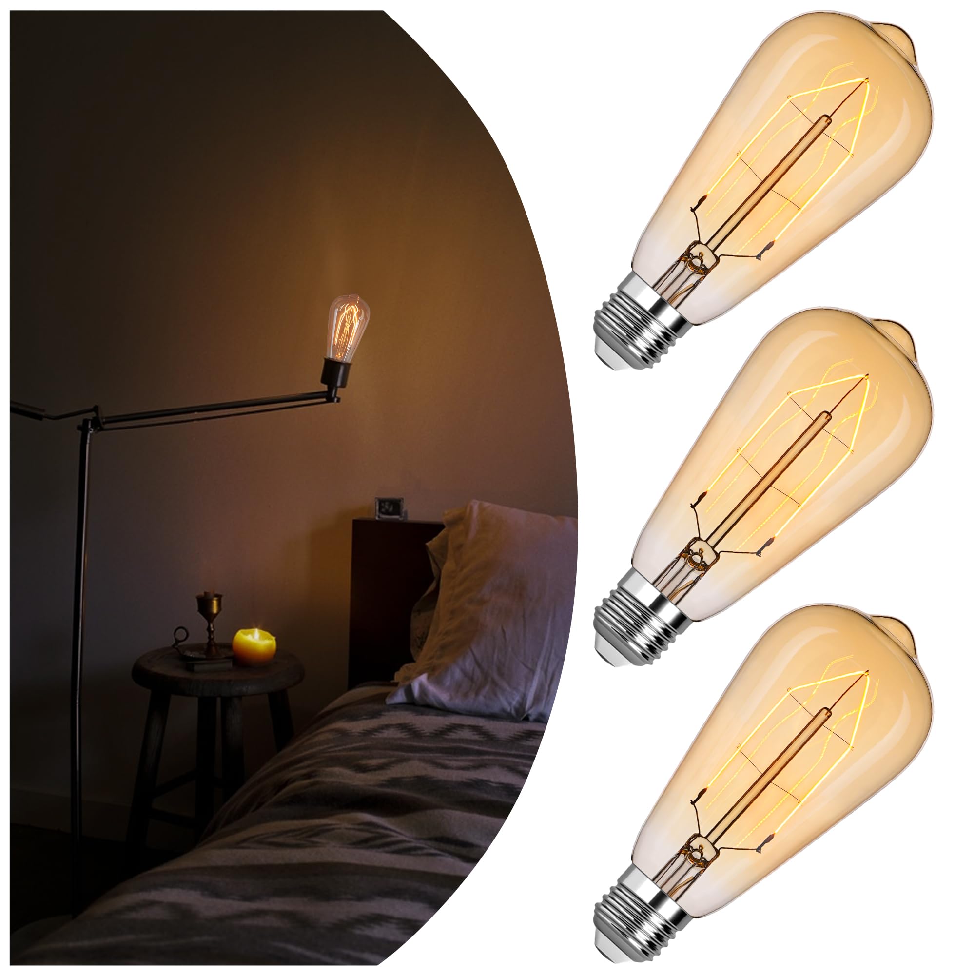 Photo 1 of LED Edison Bulb Equal 25w Vintage Amber Light Bulbs 2000K Soft Yellow Light LED Bulbs, Super-Thin Spiral Filament Incandescent Warm Light Amber Bulbs, Dimmable E26 Base Night Light Bulbs 4W, 3 Pack