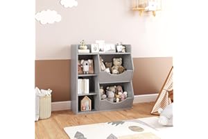 SUNNYFURN Kids 3-Tier Toy Storage Organizer Kids Bookshelf Double Side Toy Shelf Gray- 5 Compartment Bookshelf & Toy Shelf for Kids' Room, Bedroom, Living Room, and Kindergarten - for Toys and Books