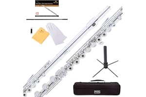 Mendini by Cecilio Silver Plated Open Hole C Flute with Italian Pads, Stand, Pocketbook and Deluxe Case, MFE-22S