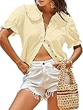 Tankaneo Womens Puff Sleeve Shirts Peter Pan Collar