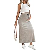 MakeMeChic Women's Maternity 2 Piece Sets Crew Neck Sleeveless Crop Tank Tops and Midi Skirts Maternity Set