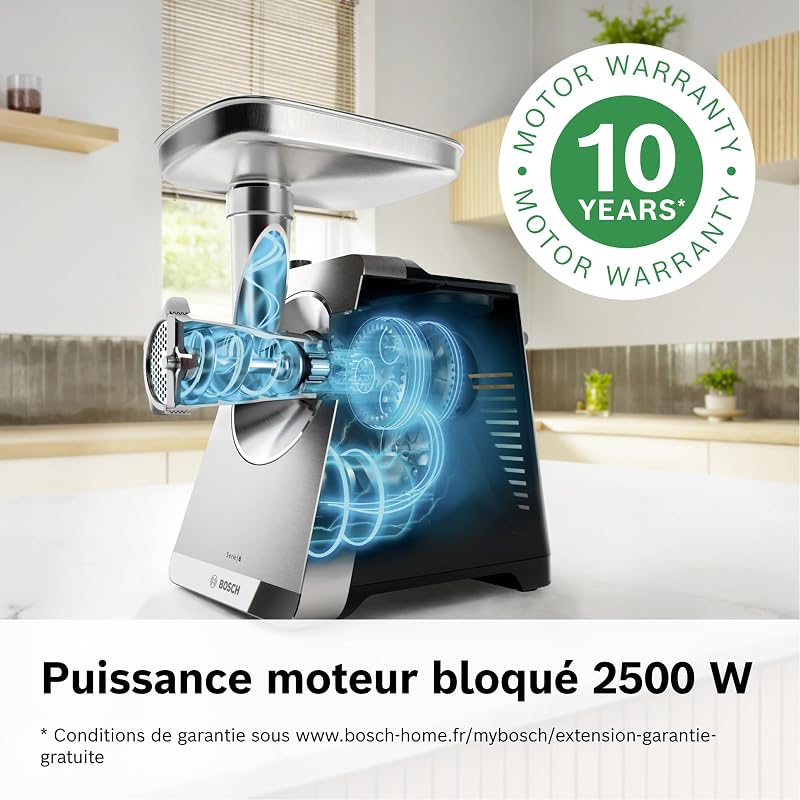 MultiPower Série 8, hachoir multifonction, puissance moteur bloqué 2500 W, hachoir à viande, râpe, accessoires saucisse et kebbe, noir, MFWS840M