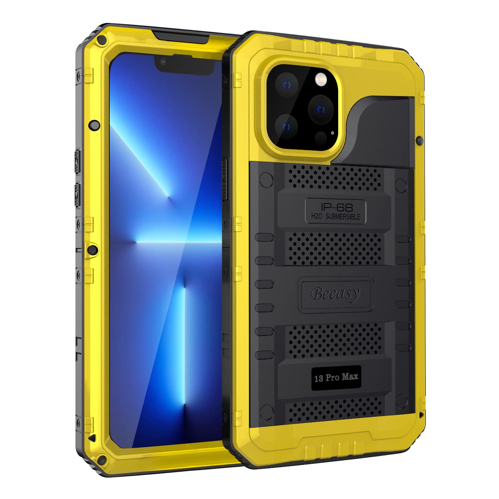 Beeasy for iPhone 13 Pro Max Case Waterproof Heavy Duty Shockproof Tough Metal Armour Cover Dustproof Built-in Screen Protector, 360 Full Body Military Protective Rugged Case for 13 Pro Max 6.7"Yellow