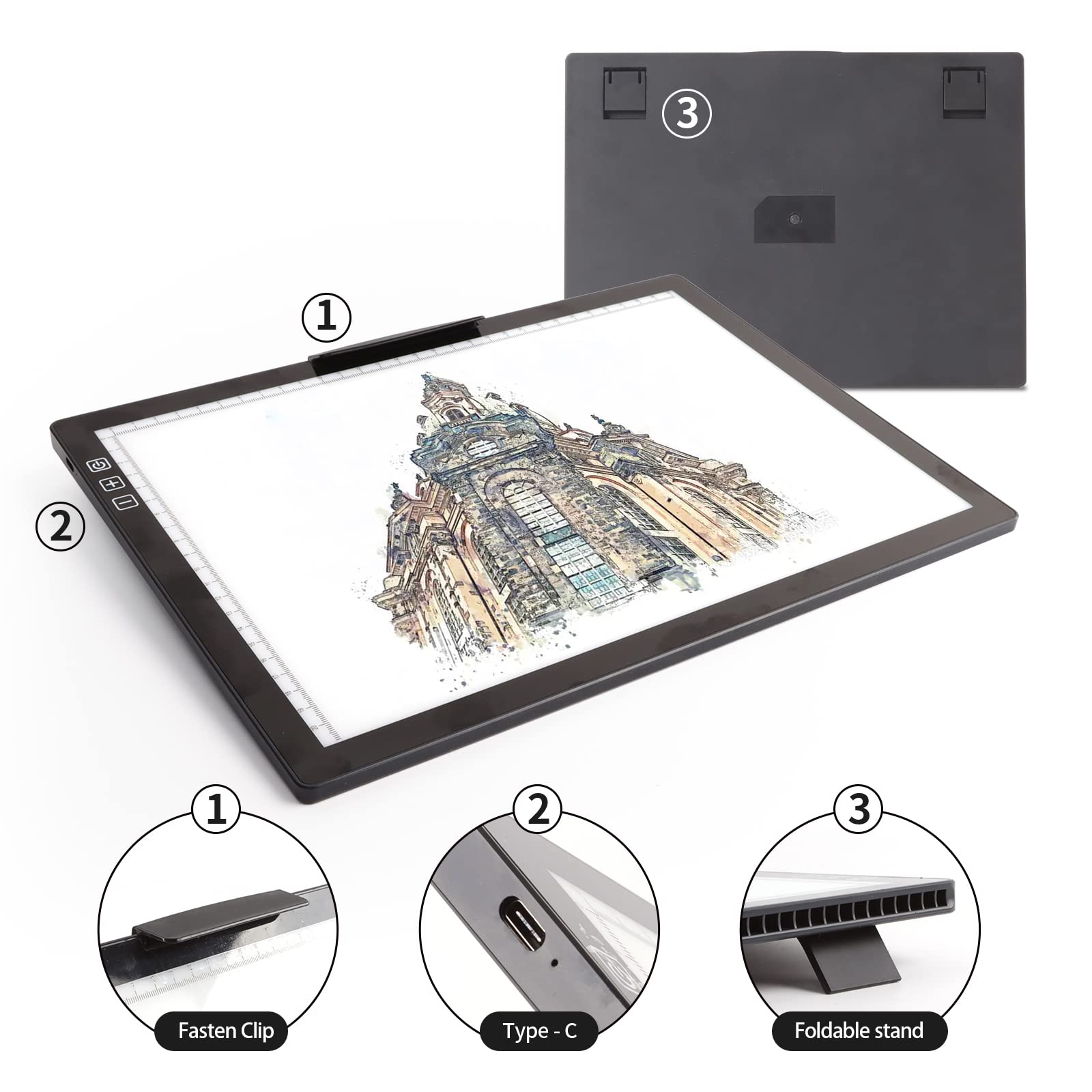 A4 Wireless LED Light Pad with Innovative Stand and Top Clip, TOHETO Rechargeable Battery Powered Light Box Stepless Dimmable 6 Levels Brightness Cordless Light Board for Tracing Weeding Vinyl (Black)