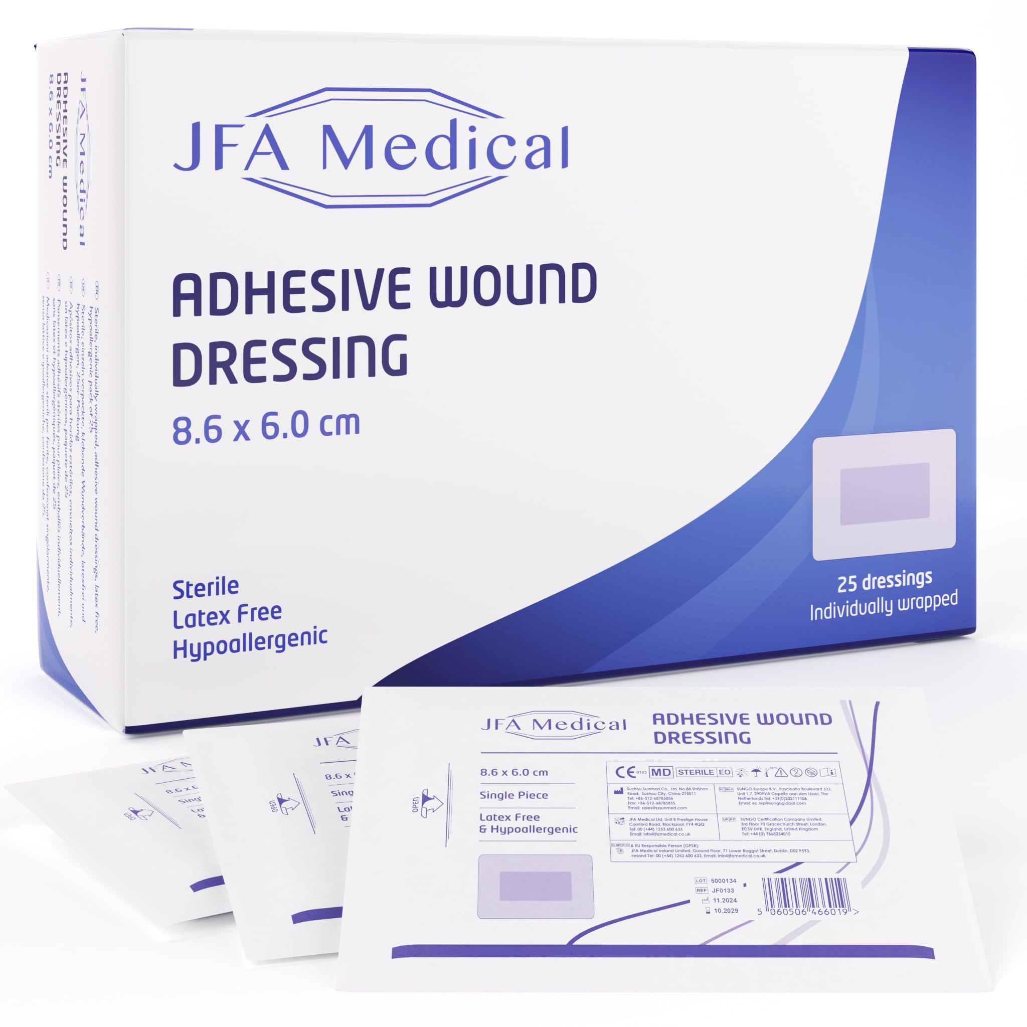 JFA Medical Pack of 25 Adhesive Wound Dressings - Suitable for cuts and grazes (60mmx86mm)