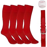Mikovivi Youth Baseball Socks, Belt and Ball Set, Kids Adult Softball Socks Adjustable Belt & Baseball Accessories Gifts for Boys Girls (Red, L)