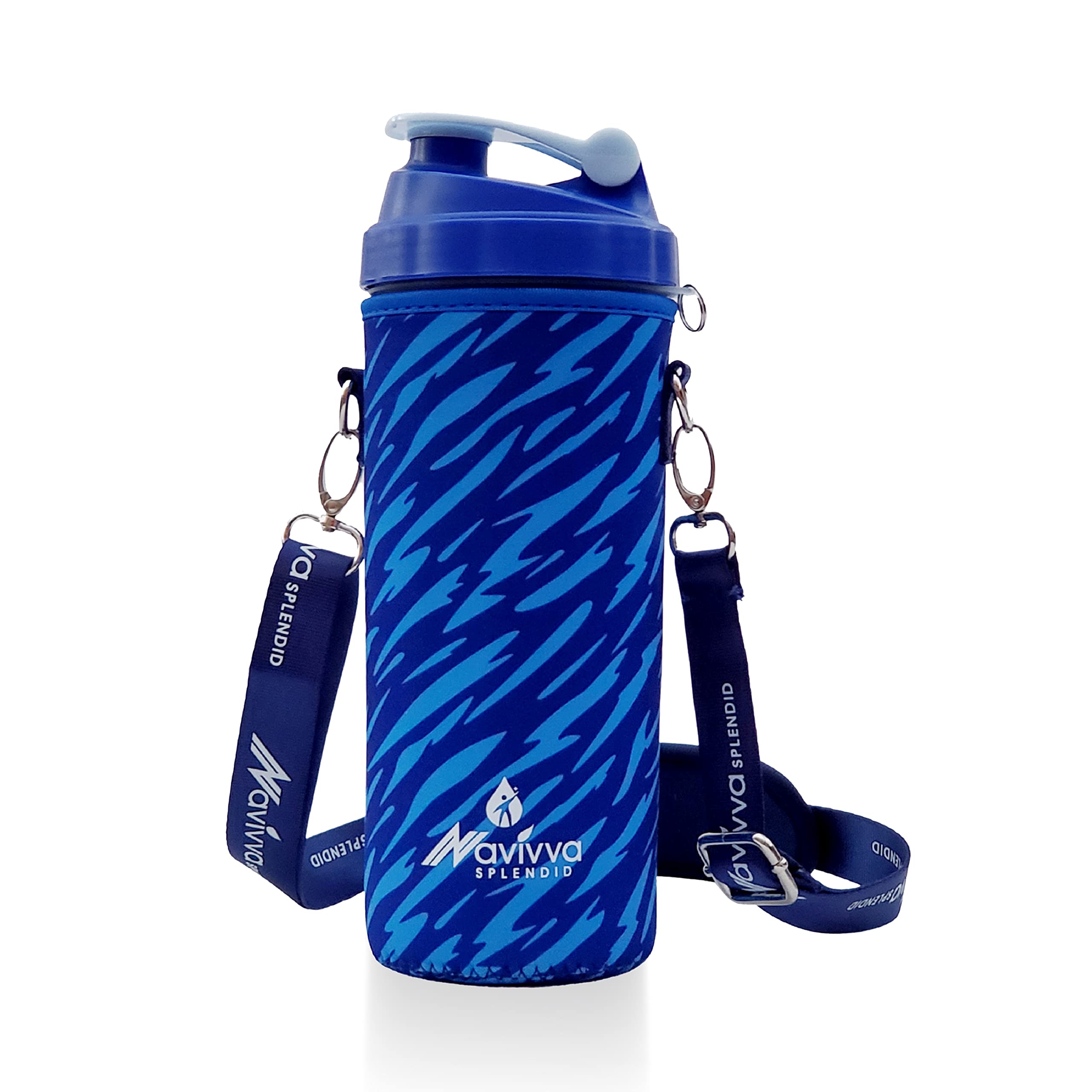 NAVIVVA SPLENDID Protein Shaker Bottle in Neoprene Cover with Mixing Ball and Storage, 600 ml, Gym Blender Bottle & Drinking Bottle – portable, great for mixing on the go (Blue Stripes)