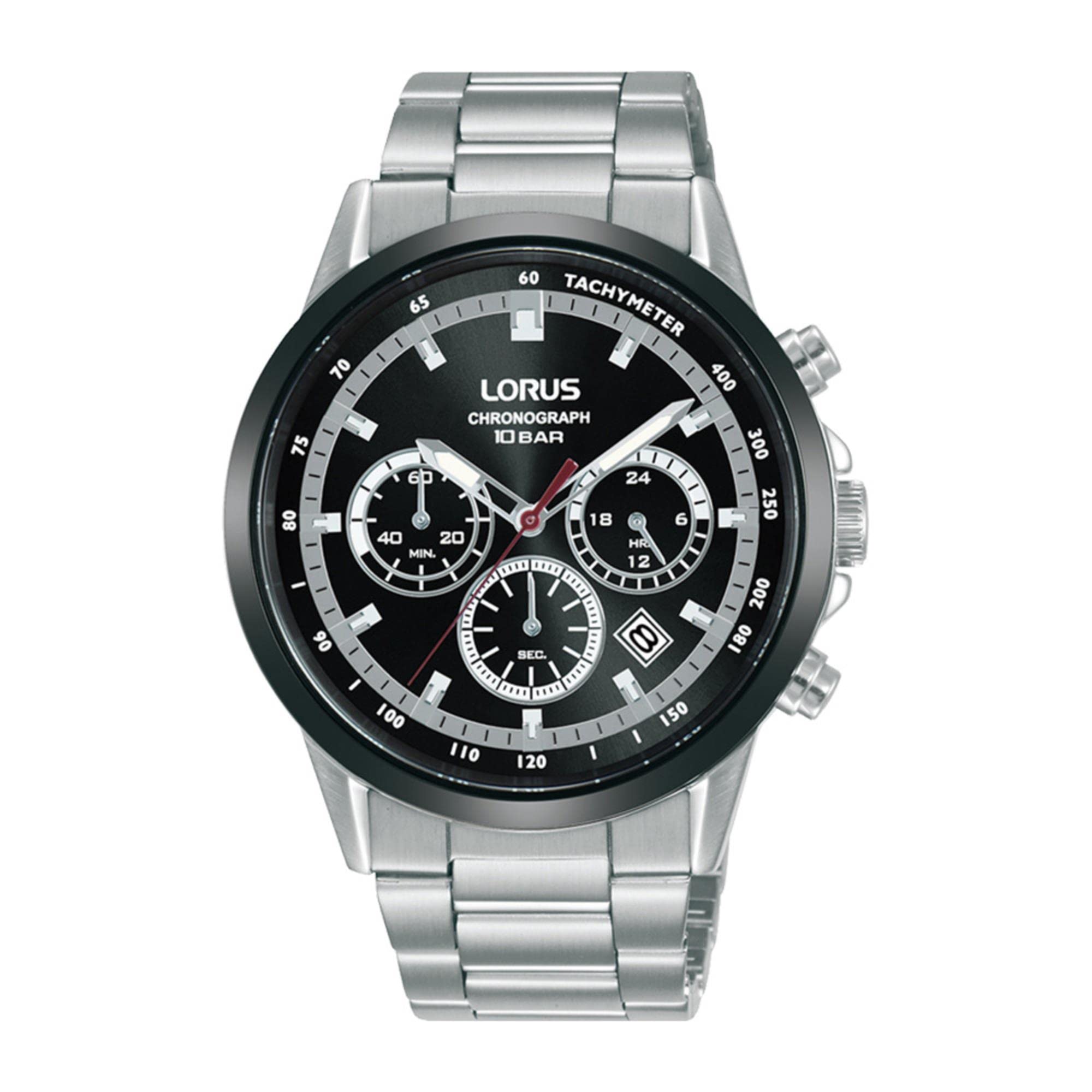 Lorus Sports Chronograph Quartz Black Dial Stainless Steel Bracelet Mens Watch RT397JX9
