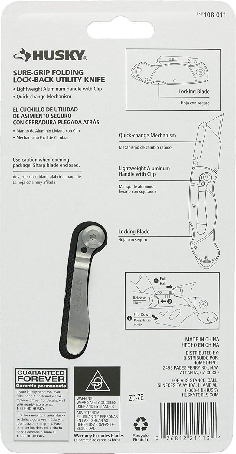Husky 21113 Folding Sure-Grip Lock Back Utility Knife w/ 10 Disposable Blades Included (Colors Vary) - Utility Knives - 