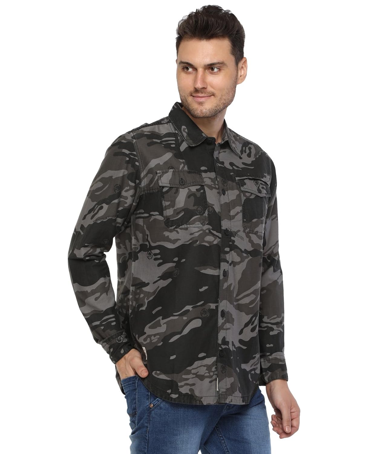 starsy grey camouflage cotton casual shirt for men