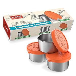X-Chef Salad Dressing Containers Set-3X3.4oz Stainless Steel Condiment Containers with Silicone Lids for Condiments, Meal Prep, Snacks, Desserts, Souffle, Leakproof and Reusable