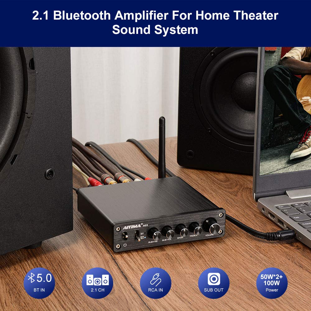 AIYIMA A03 2.1 Channel Class D Amplifier 50W * 2+100W TPA3116 Bluetooth Stereo Amp HiFi Power Amplifier with Power Adapter for Home Outdoor Passive Speakers/Subwoofer/Active sub
