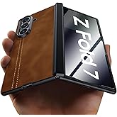 oupeigar for Samsung Galaxy Z Fold 7 Case with Privacy Screen Protector & Hinge Protection, Wireless Charging, Ultra Thin Stylish Leather Matte PC Durable Shockproof Cover Phone Case for Fold 7-Brown