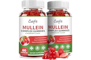 Catfit (2 Pack) Mullein Gummies for Lungs – Mullein Leaf Extract with Quercetin, Elderberry for Respiratory & Immune Support,Lung Health & Breathing, Vegan, Strawberry Flavor, 60 Gummies