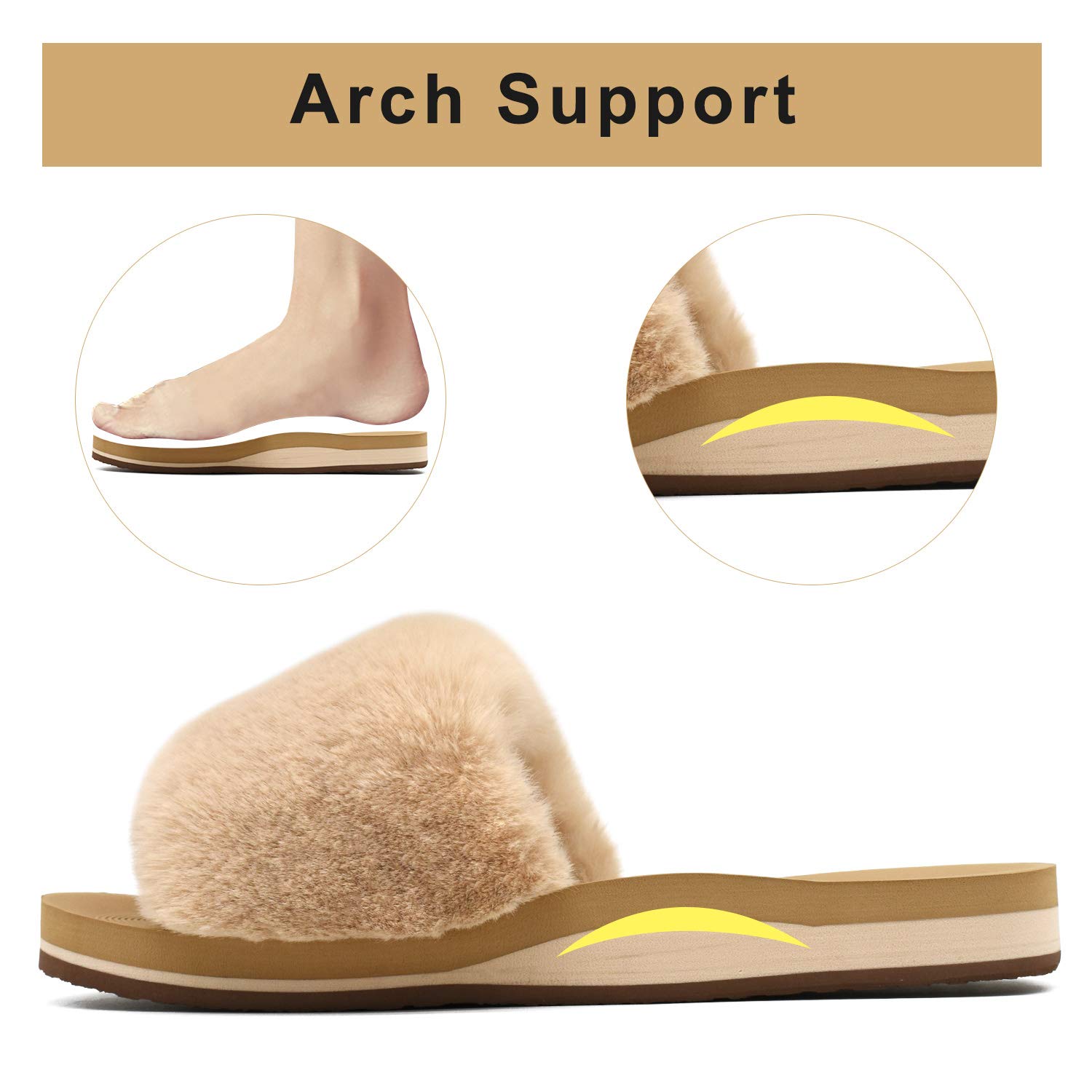 COFACE Womens Slides Fuzzy Slippers Open Toe Fluff Slippers With Arch Support Plantar Fasciitis Orthotic Slippers Women House Shoes