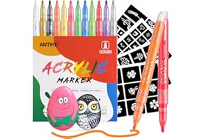 ANTIKE 12 Colors Washable Acrylic Markers Paint Pens Set with 104 Stencils,Acrylic Paint Pens for Rock Painting,Metal, Plastic, Ceramic, Seashell, Canvas, Wood, Glass, DIY Crafts Making Art Supplies