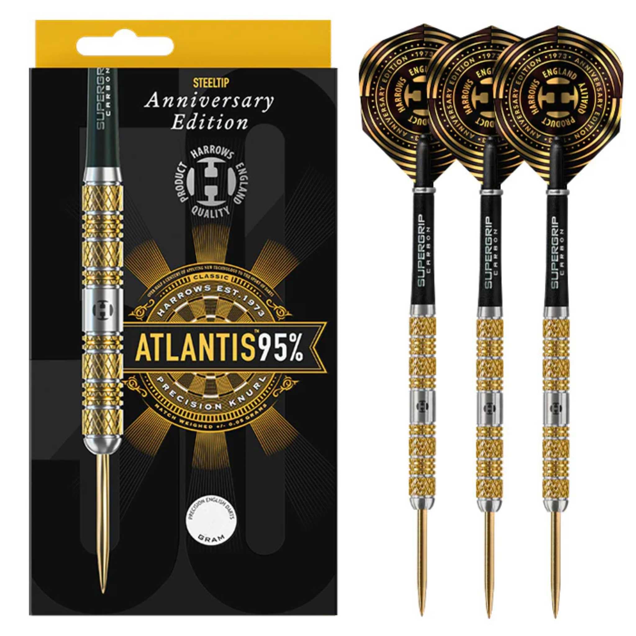 Harrows Atlantis 95% Tungsten Steel Tip Darts Set. Available in 22g, 24g, & 26g - Includes Midi Supergrip Carbon Shafts & New Anniversary 100 Micron Flights (26, Grams)