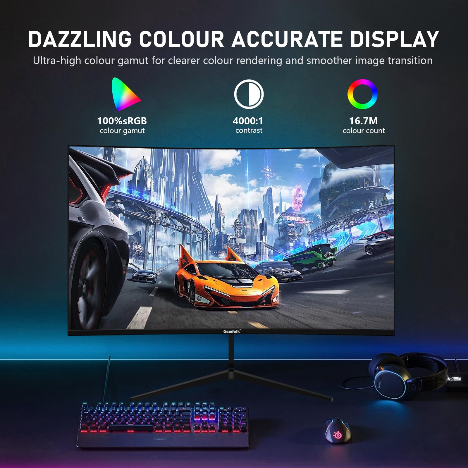 Gawfolk 24 Inch Gaming Monitor On Desk Setup Showing Slim Bezels And Curved Screen Profile