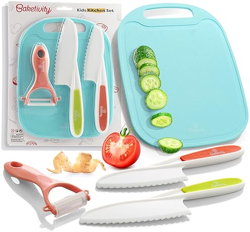 Sports & Outdoors - Baketivity Kid Safe Plastic Knives for Real Cooking with Cutting Board, Peeler for Kitchen - Knife Set with Blunt Tip, Dishwasher Safe, BPA Free Kids Knives for Cutting