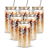 DHQH 6 PCS Bridesmaid Proposal Gifts, 16 Oz Bride Glass Cups with Bamboo Lids and Straw, Maid of Honor Gifts for Bridal Shower Wedding Bachelorette Party