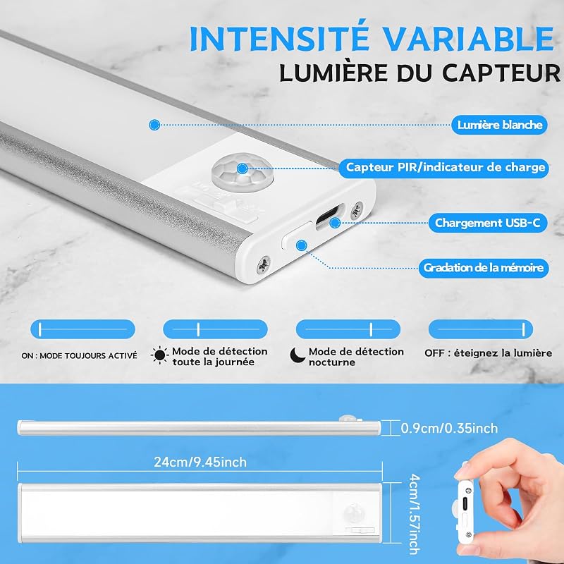 Reglette Led Sous Meuble Cuisine 24cm, 6500k Lumière avec Detecteur De Mouvement Interieur, 1500mAh Lampe Rechargeable USB, Adaptée pour Placard Veilleuse Escalier Couloir (2 Pack)
