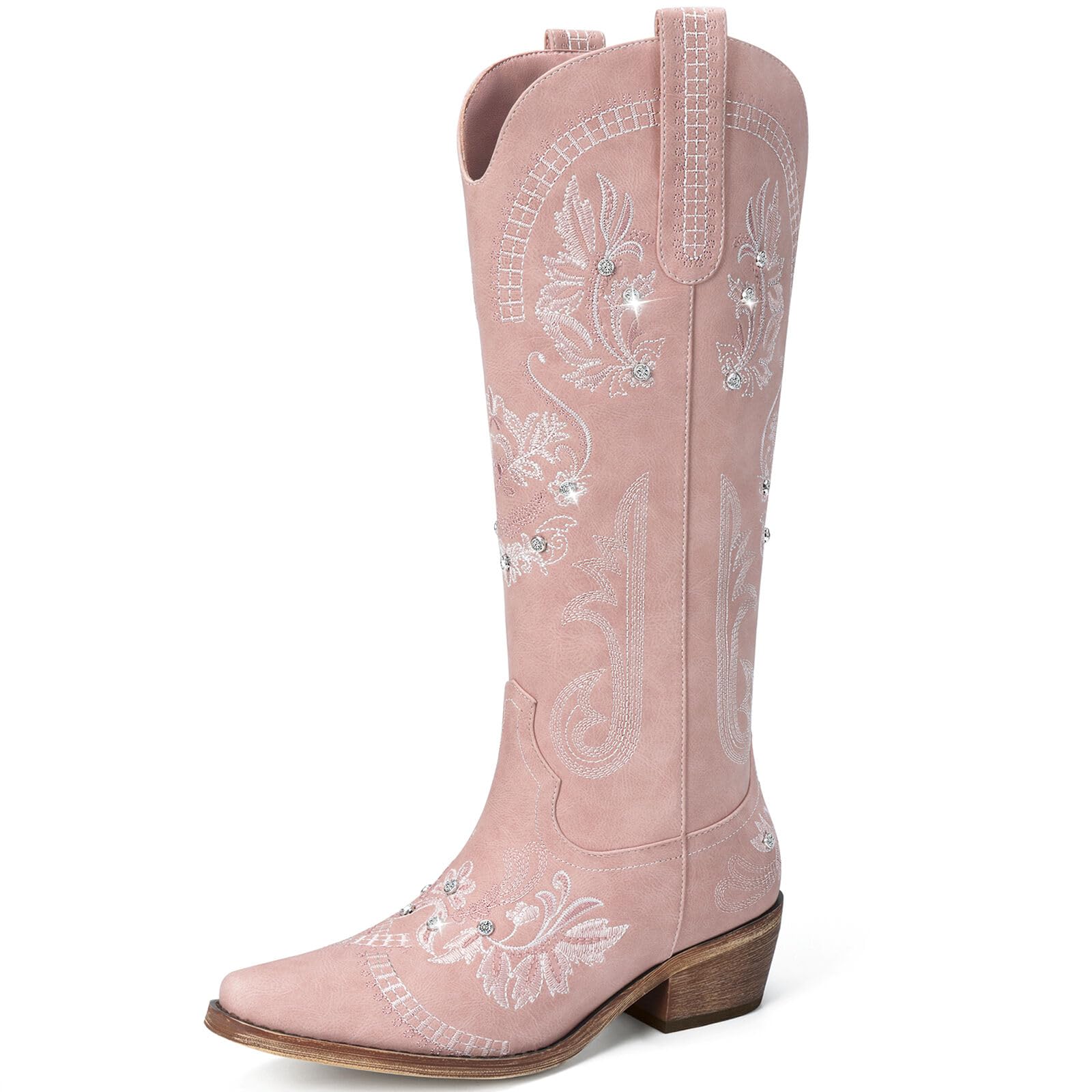 Photo 1 of Dixhills Pink Cowboy Boots for Women - Wide Calf Knee High Cowgirl Boot, Glitter Sparkly Rhinestone Western Country Boots with Classic Embroidery, Pointed Toe Pull,size 8.5