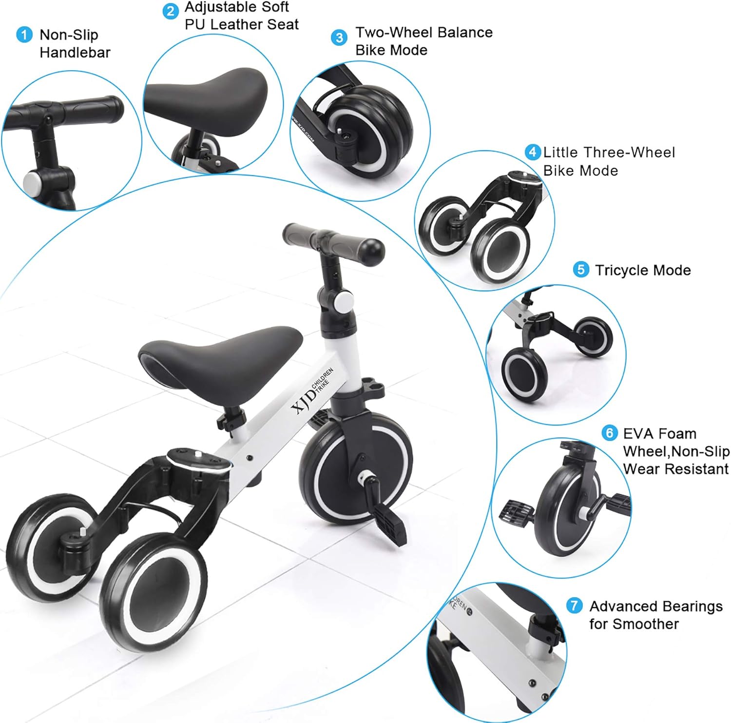 XJD 3 in 1 Kids Tricycles for 1-3 Years Old Kids Trike 3 Wheel Toddler Bike Boys Girls Trikes for Toddler Tricycles Baby Bike Trike Upgrade 2.0, White : Sports & Outdoors