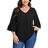 SCOMCHIC Plus Size Blouses for Women Dressy Casual 3/4 Tiered Bell Sleeve V Neck Elegant Shirts Work Tunic Tops