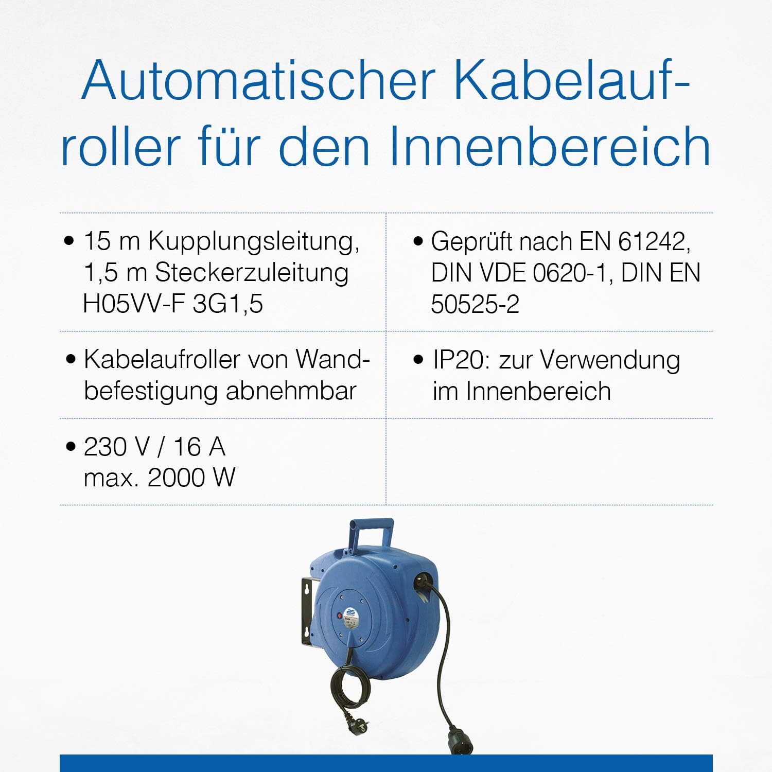 as - Schwabe 12611 Automatic Cable Reel Blue/Black 15 m H05VV-F 3G1.5 IP20 Indoor Use (Continental Socket) - Image 5