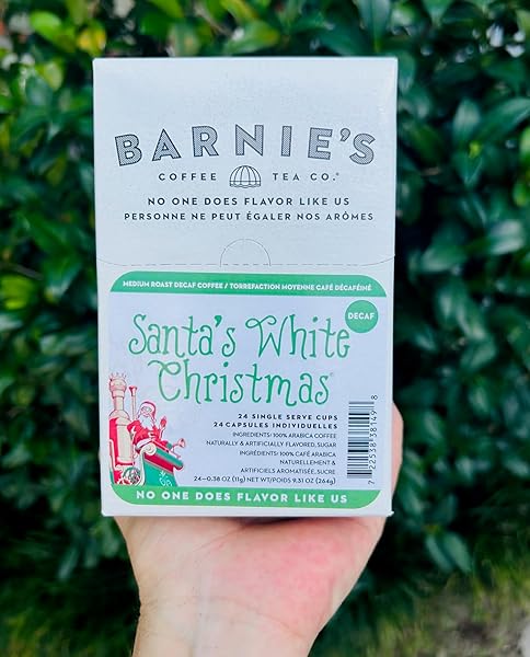 BARNIE’S COFFEE TEA CO. SINGLE SERVE K CUPS FOR KEURIG BREWERS MEDIUM ROAST ARABICA COFFE BEANS, DECAF SANTA’S WHITE CHRISTMAS, 22 COUNT