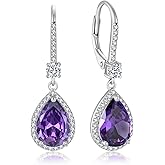 Teardrop Leverback Birthstone Earrings for Women 925 Sterling Silver 5A Cubic Zircon Dangle Drop Birthstone Earrings Jewelry Anniversary Birthday Christmas Gifts for Her