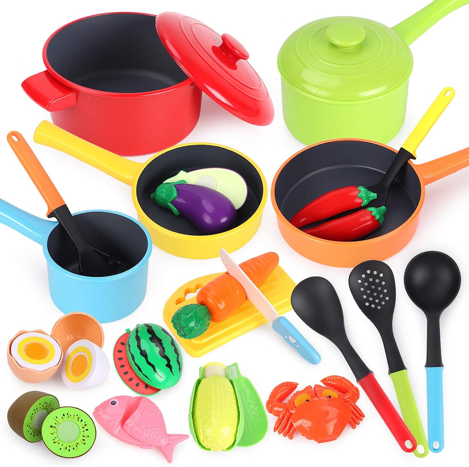 GILOBABY Kids Toy Kitchen Accessories, A Complete Playset with Play Food, Pots, Pans, Fruits & Vegetables