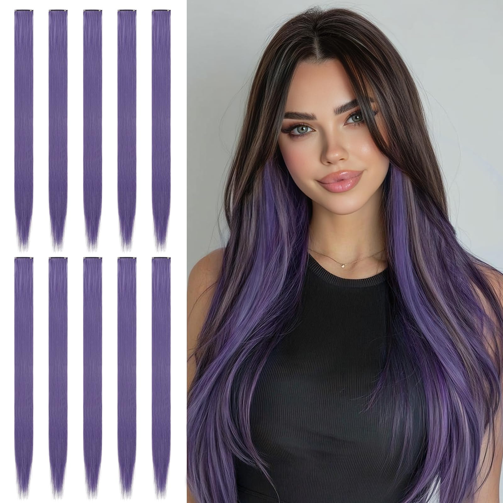 Sofeiyan Colored Hair Extensions Straight Hairpiece 22 Inch 10 Pcs Colorful Clip in Hair Extensions Synthetic Colored Party Highlights for Women, Grey Purple — image 1