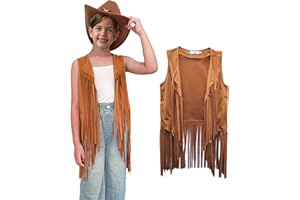 MRYUWB Girls Kids Fringe Vest Sleeveless Western Cowgirl Vest 60s 70s Hippie Faux Suede Tassels Jacket for Kids 5-12Years