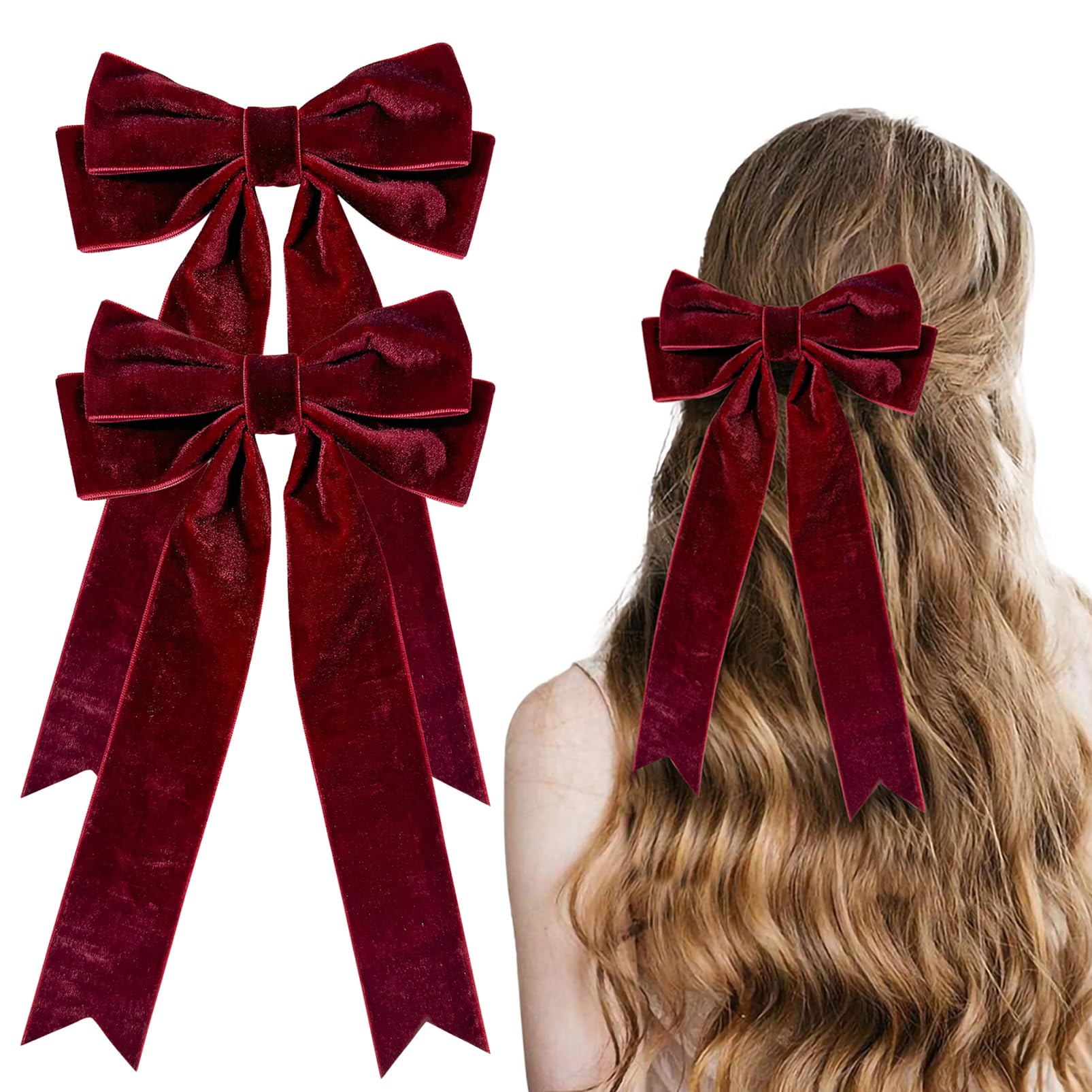 DMQ Red Velvet Bow Hair Clips - 2Pcs Solid Color Bowknot Barrettes with Long Ribbon, French Soft Satin Silky Hair Bows Gifts for Women & Girls