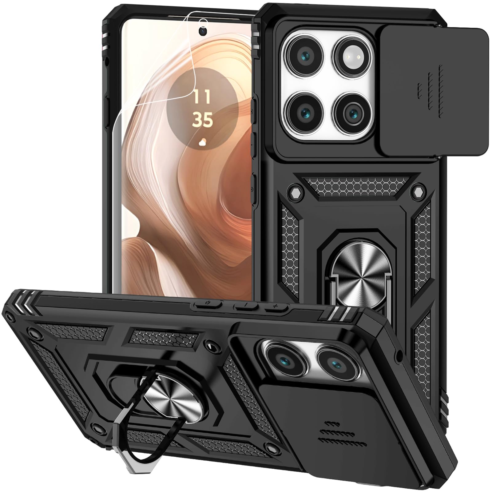 for Motorola Edge 2025 Case, with Camera Lens Cover HD Screen Protector, Dual Layer Military-Grade Drop Tested Magnetic Ring Holder Kickstand Protective Phone Case for Motorola Moto Edge 2025 (Black)